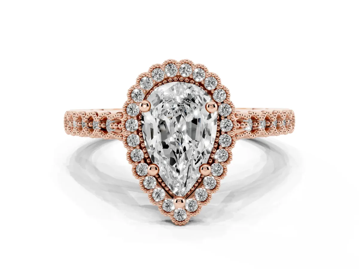 Pear Cut Cut Halo Pavé Solitaire Ring with Milgrain Band Rose gold