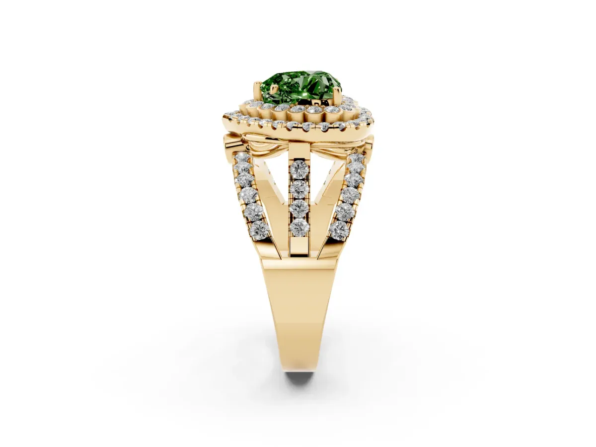 Fancy Green Heart Cut Diamond Double Halo Ring with Round Pavé Split Shank and Prong Setting Yellow gold