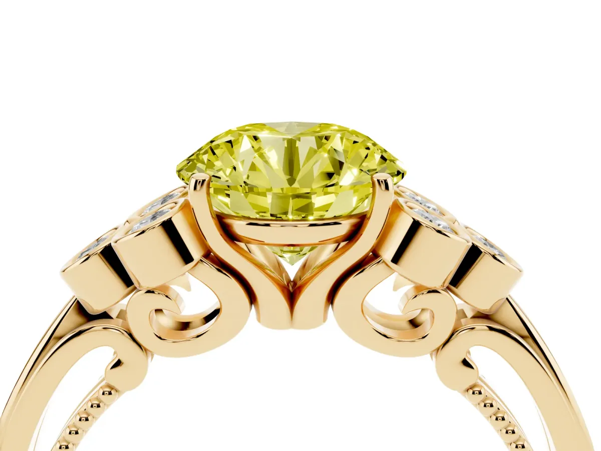 Fancy Yellow Round Cut Cut Diamond Engagement Ring with Bezel Set Round Side Stones and Prong Setting Yellow gold