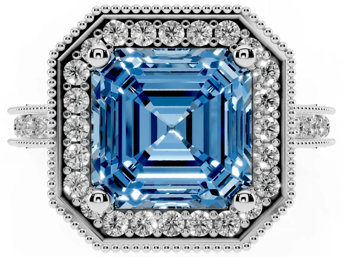 Fancy Blue Asscher Cut Diamond Milgrain Halo Engagement Ring with Round Pavé Band and Prong Setting Platinum