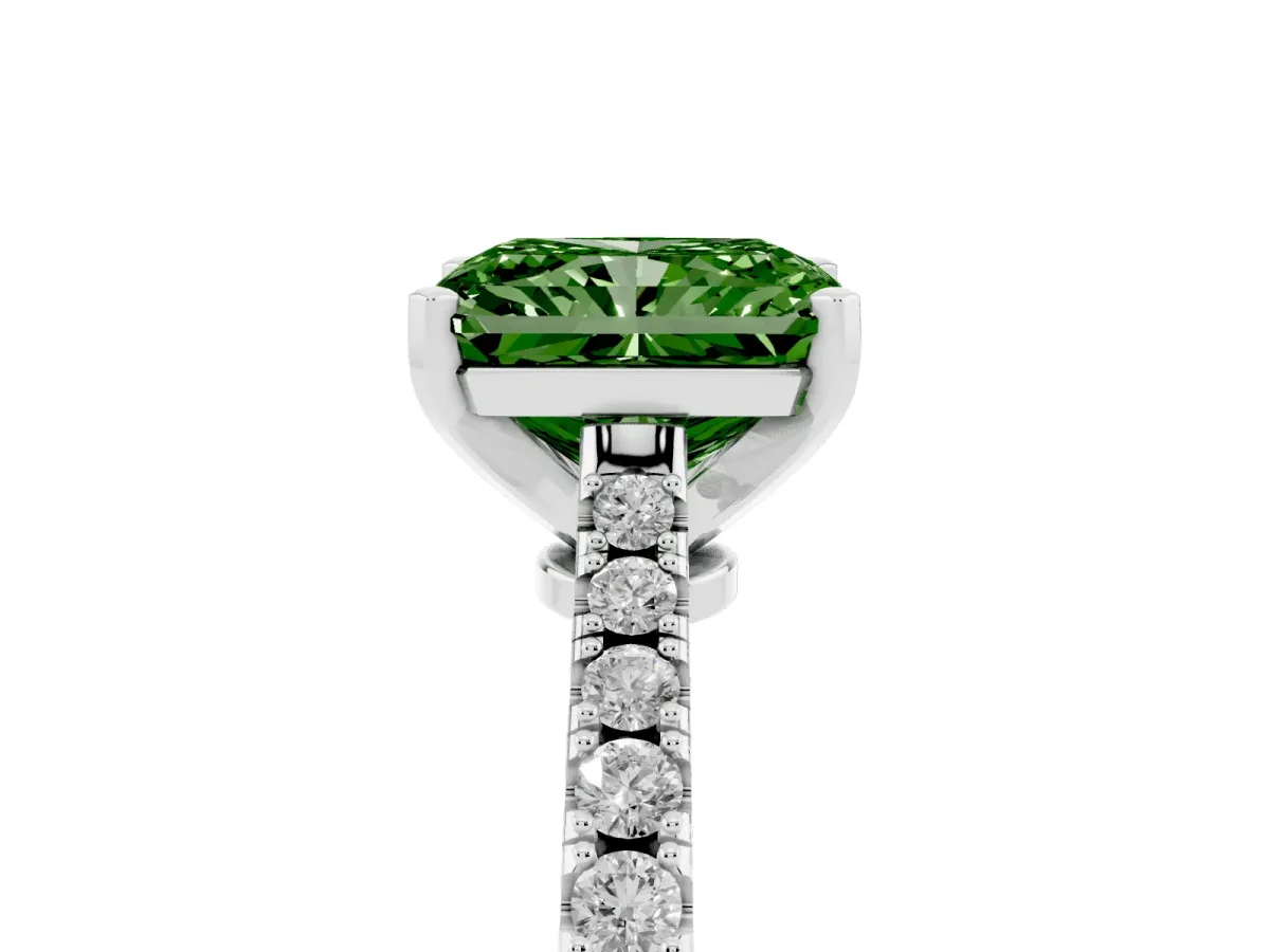 Fancy Green Radiant Cut Cut Solitaire Diamond Engagement Ring with Pave Band and Four-Prong Setting Platinum