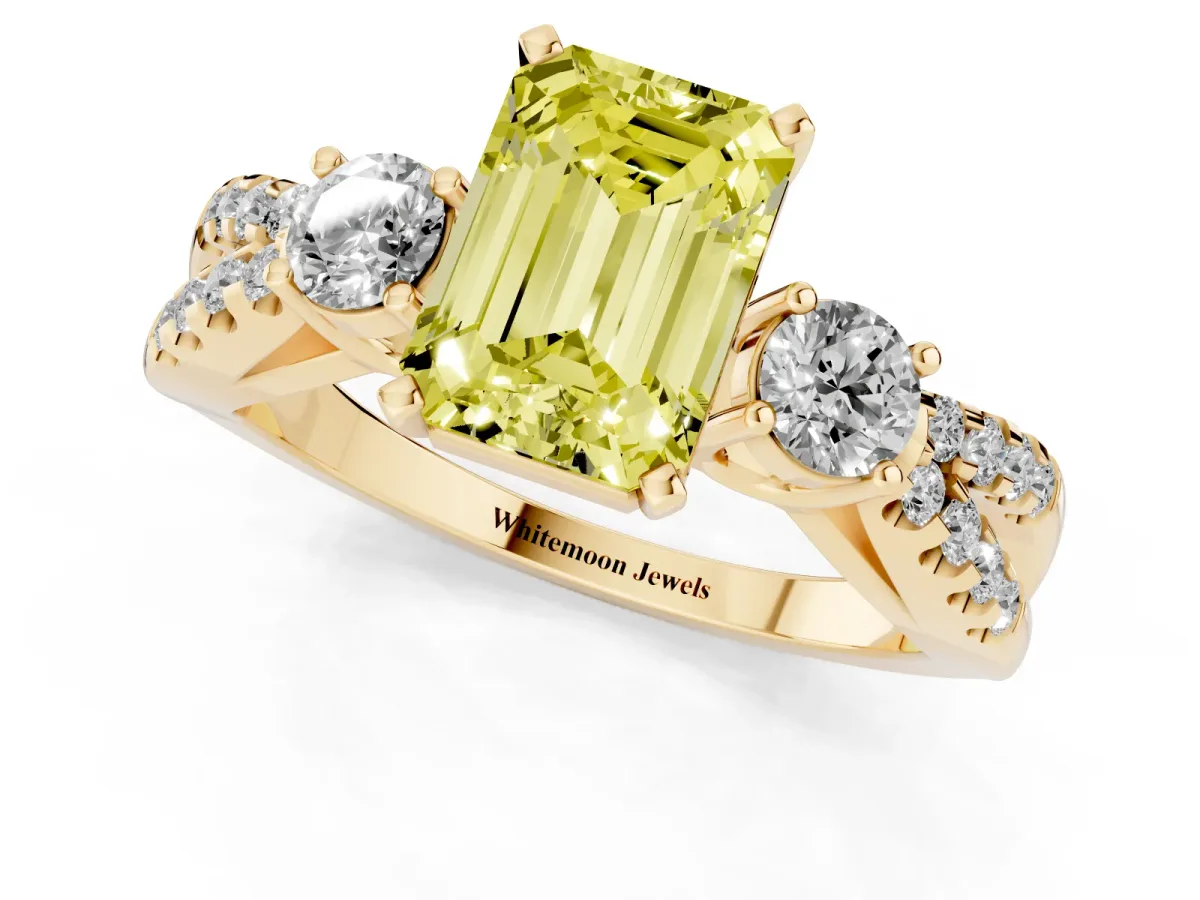 Fancy Yellow Emerald Cut Diamond Three-Stone Ring with Pavé Split Shank and Four-Prong Setting Yellow gold