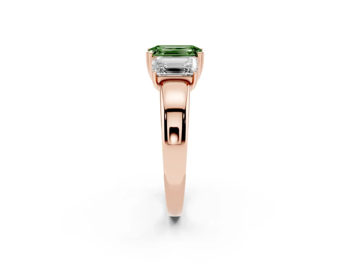 Fancy Green Three-Stone Emerald Cut Cut Diamond Ring with Channel Set Band and Four-Prong Setting Rose gold