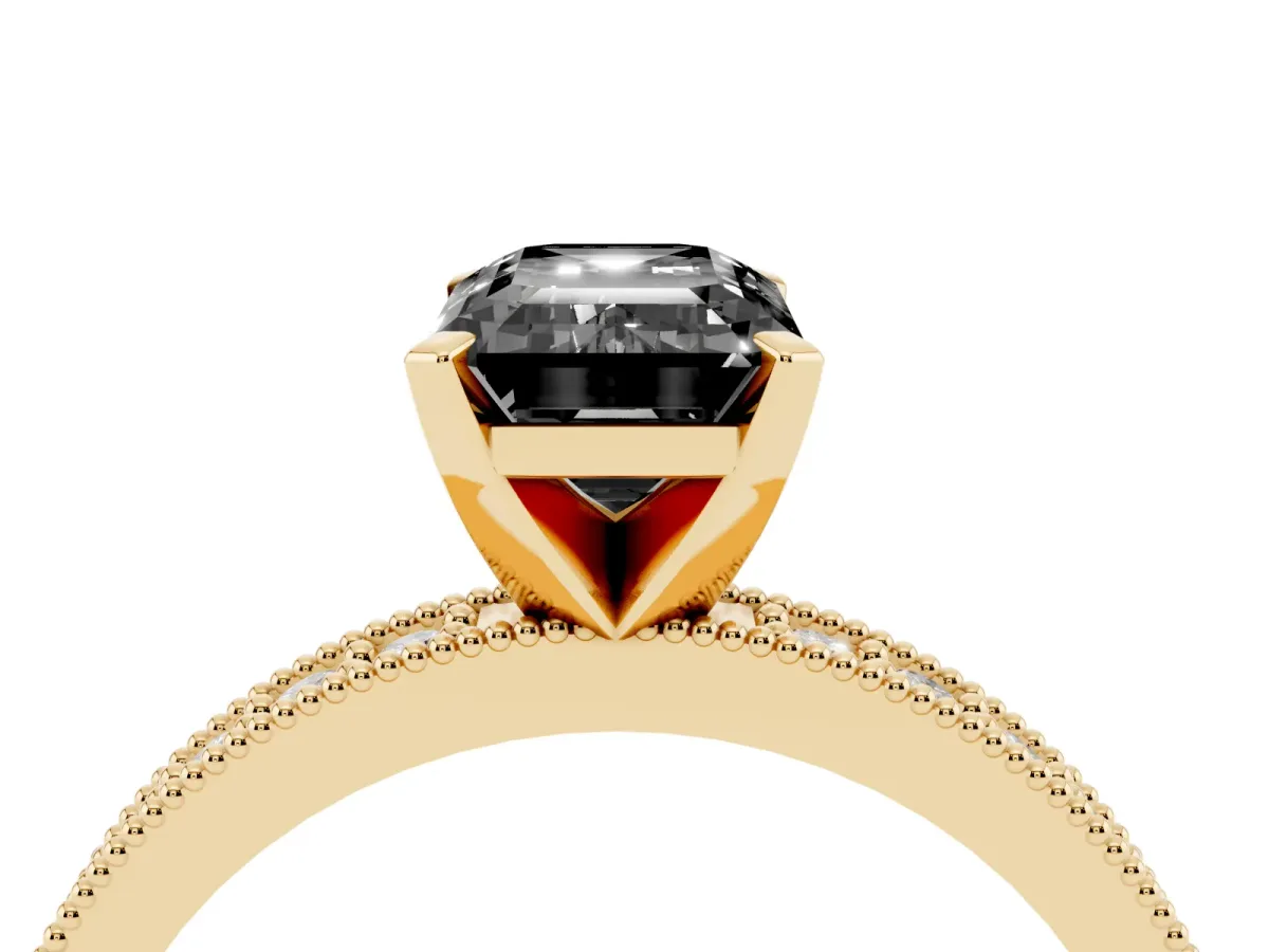 Fancy Black Emerald Cut Diamond Milgrain Pavé Engagement Ring with Four-Prong Setting Yellow gold