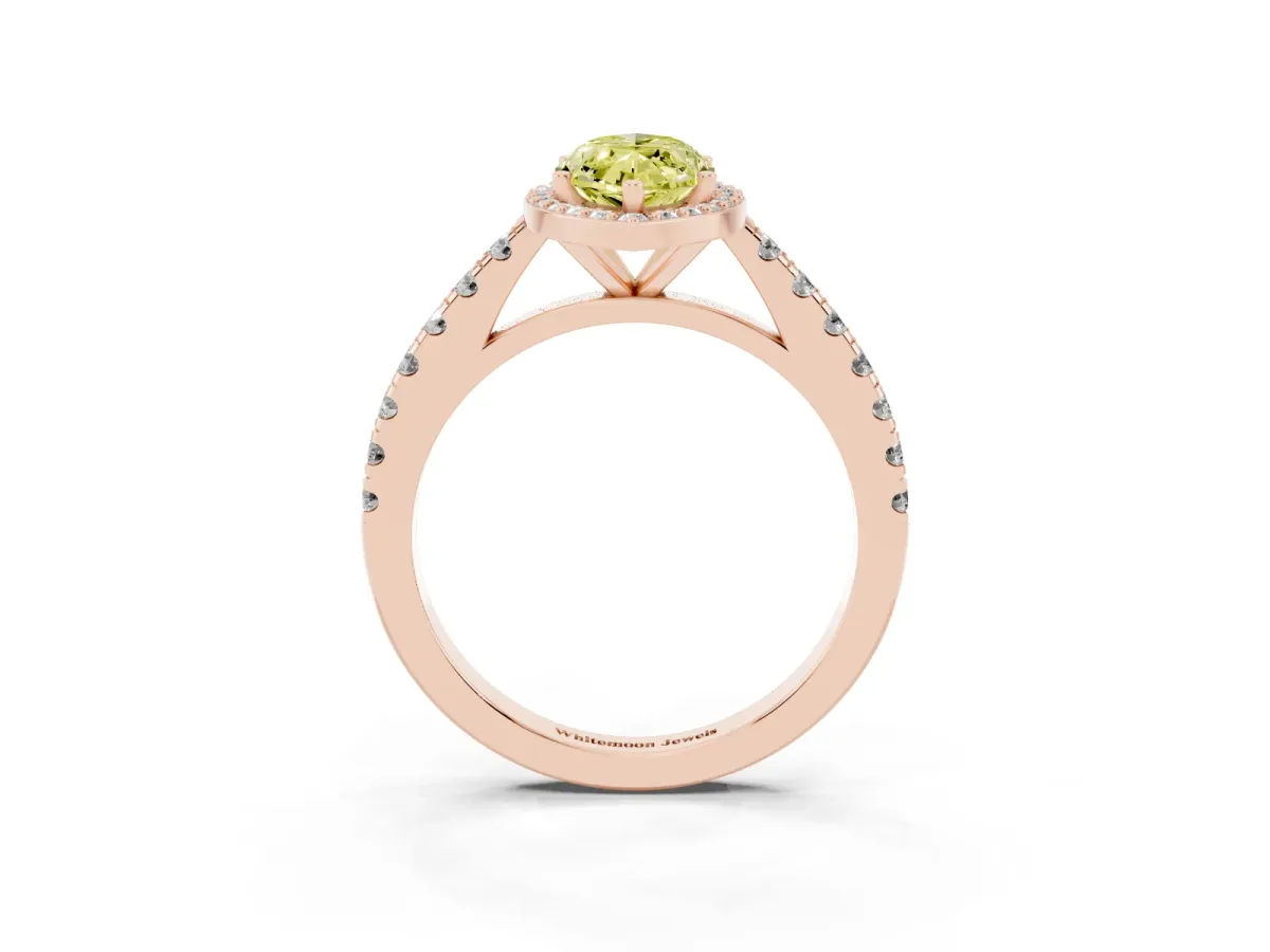 Fancy Yellow Marquise Cut Cut Halo Diamond Engagement Ring with Pave Band and Four-Prong Setting Rose gold