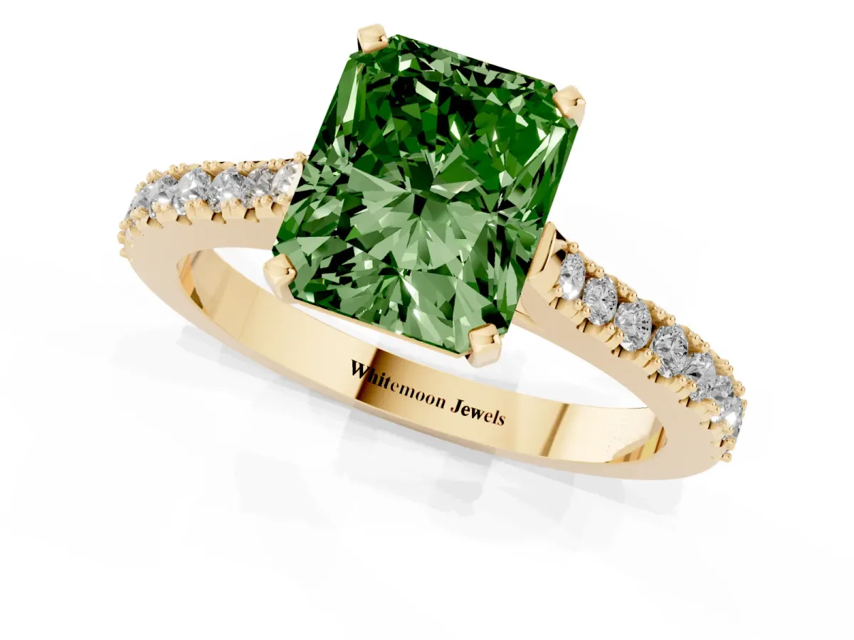 Fancy Green Radiant Cut Cut Solitaire Diamond Engagement Ring with Pave Band and Four-Prong Setting Yellow gold