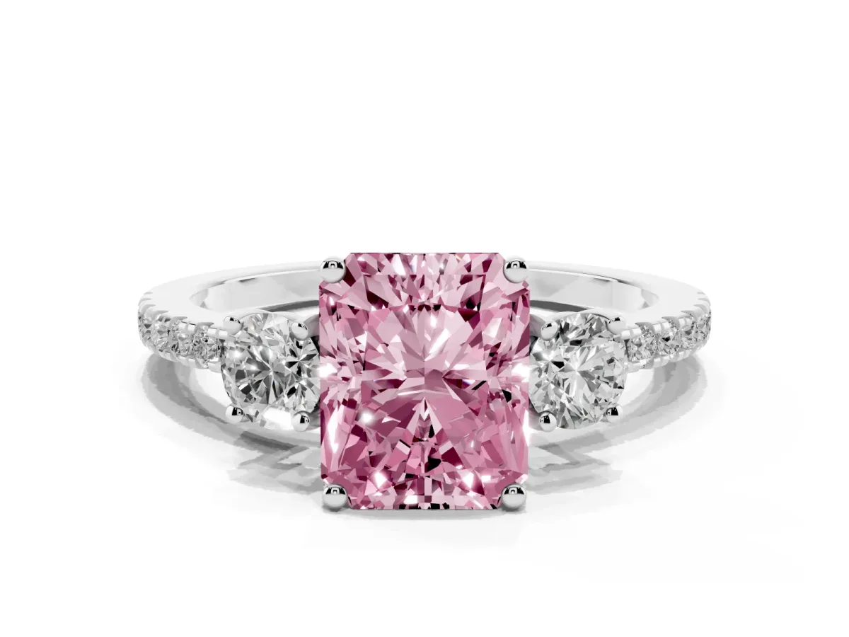 Fancy Pink Three-Stone Radiant Cut Cut Diamond Pavé Band with Prong Setting Silver