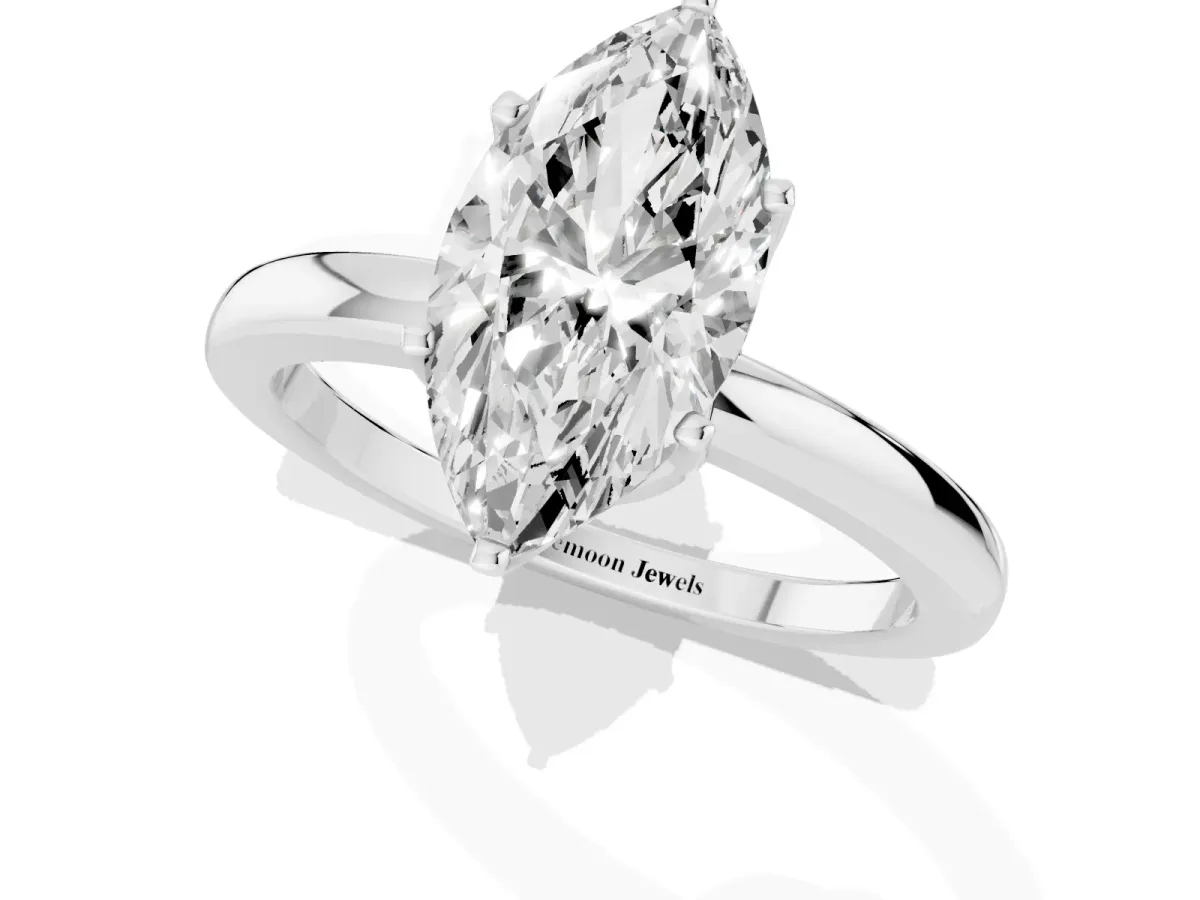 Marquise Cut Solitaire Diamond Ring with Six-Prong Setting on a Classic Band Silver