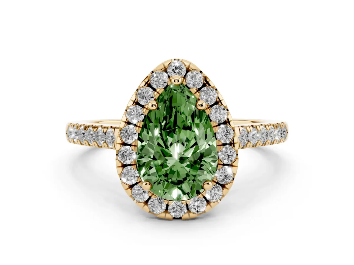 Fancy Green Pear Cut Halo Pavé Diamond Engagement Ring with Four-Prong Setting Yellow gold