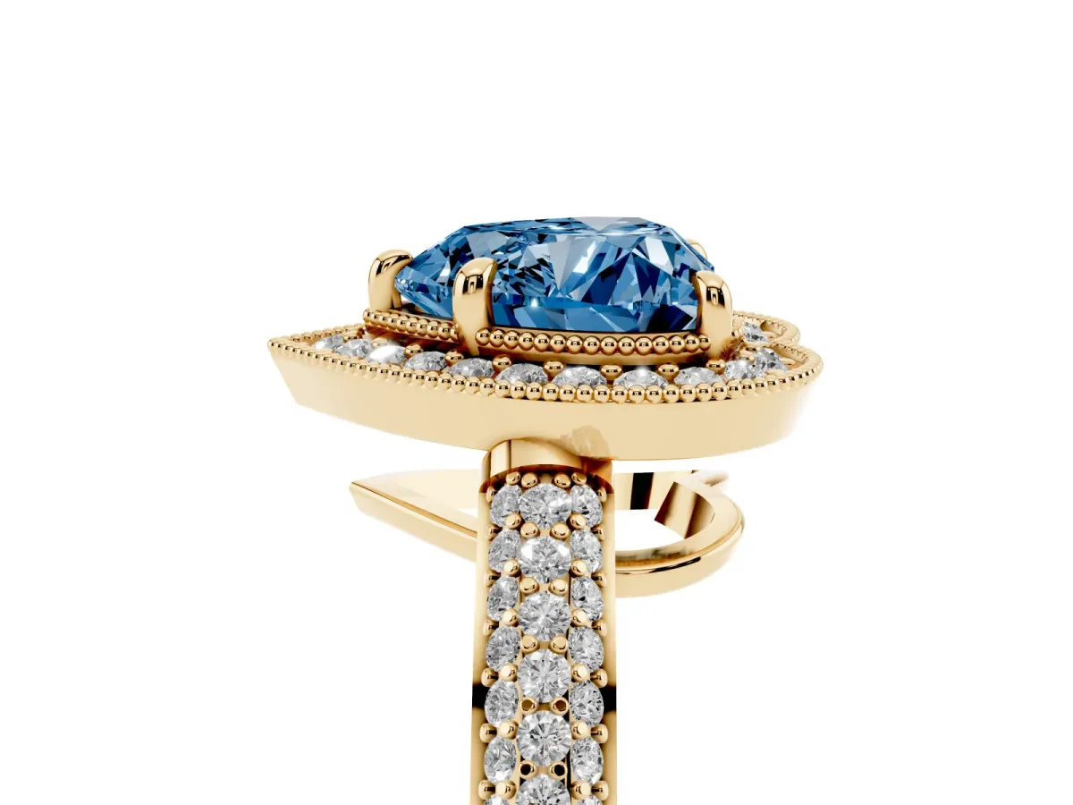 Fancy Blue Heart Cut Cut Halo Diamond Pave Band with Four-Prong Setting Yellow gold