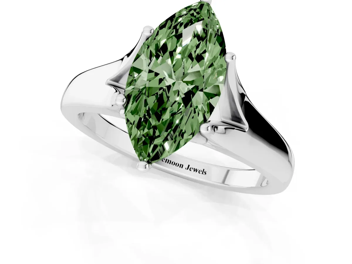 Fancy Green Marquise Cut Solitaire Diamond Ring with Cathedral Band and Four-Prong Setting Platinum
