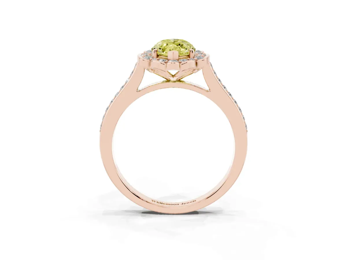 Fancy Yellow Marquise Cut Halo Round Diamond Pave Band with Four-Prong Setting Rose gold
