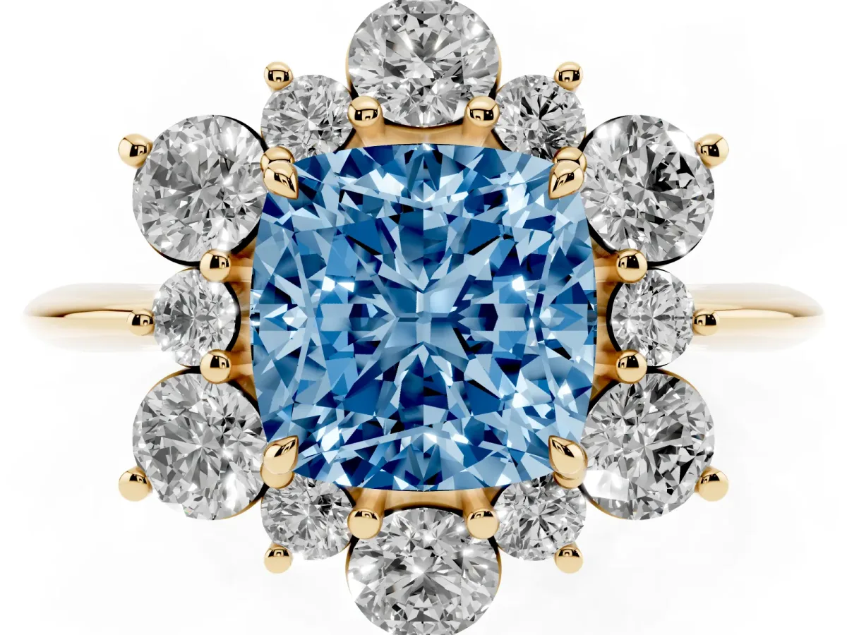 Fancy Blue Cushion Cut Diamond Cluster Halo Ring with Solitaire Band and Four-Prong Setting Yellow gold