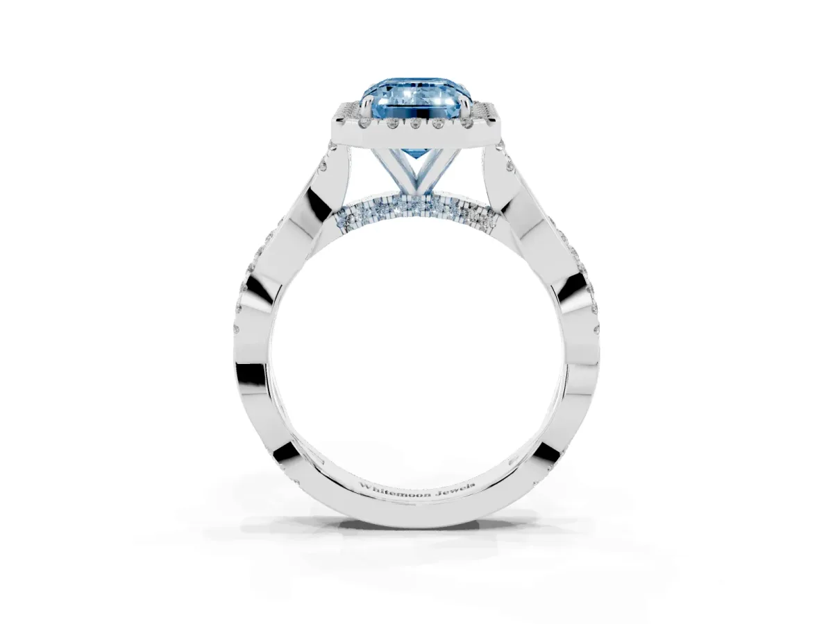 Fancy Blue Emerald Cut Halo Twist Band Solitaire Ring Silver