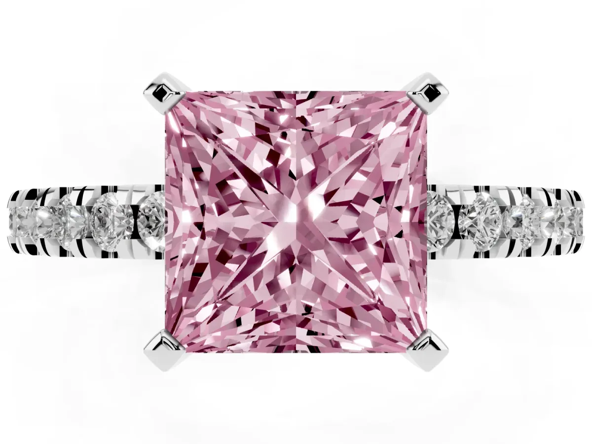 Fancy Pink Princess Cut Solitaire Diamond with Pavé Band and Four-Prong Setting Silver
