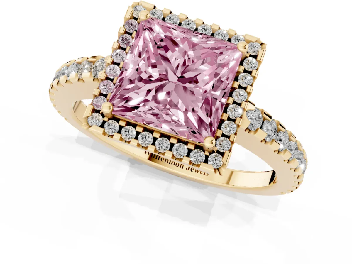 Fancy Pink Princess Cut Diamond Halo Engagement Ring with Pavé Band and Prong Setting Yellow gold