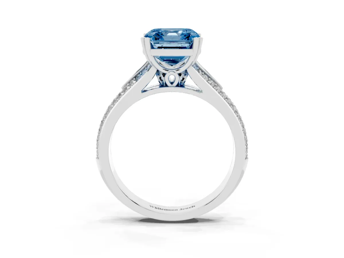 Fancy Blue Asscher Cut Diamond Split Shank Engagement Ring with Pavé Band Silver