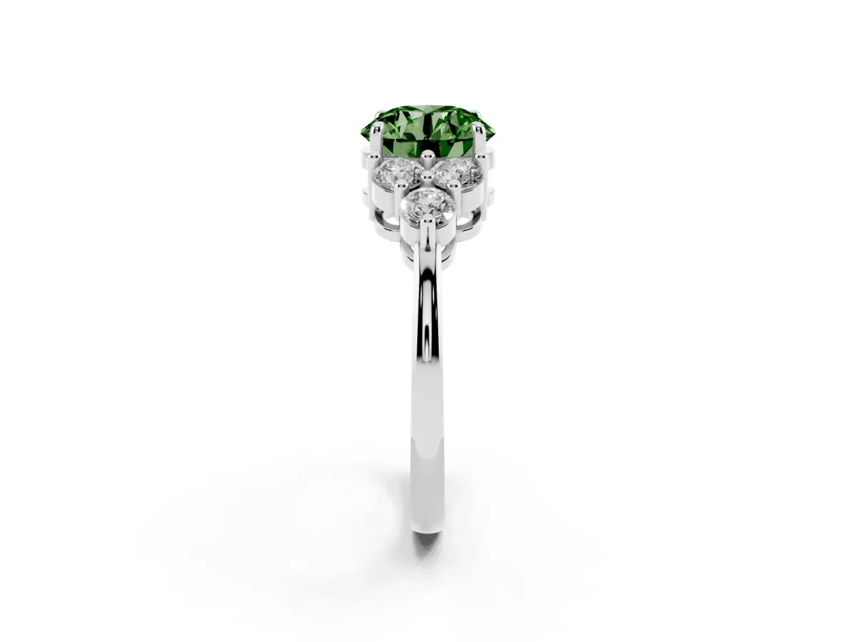 Fancy Green Round Cut Brilliant Diamond Cluster Accent Solitaire Ring with Prong Setting Silver