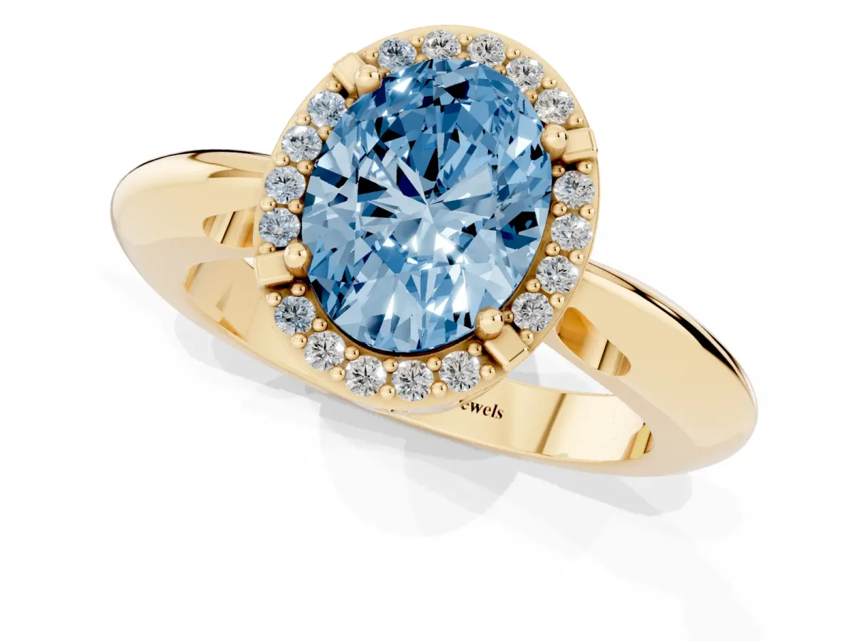 Fancy Blue Oval Cut Cut Diamond Halo Engagement Ring with Split Shank and Four-Prong Setting Yellow gold