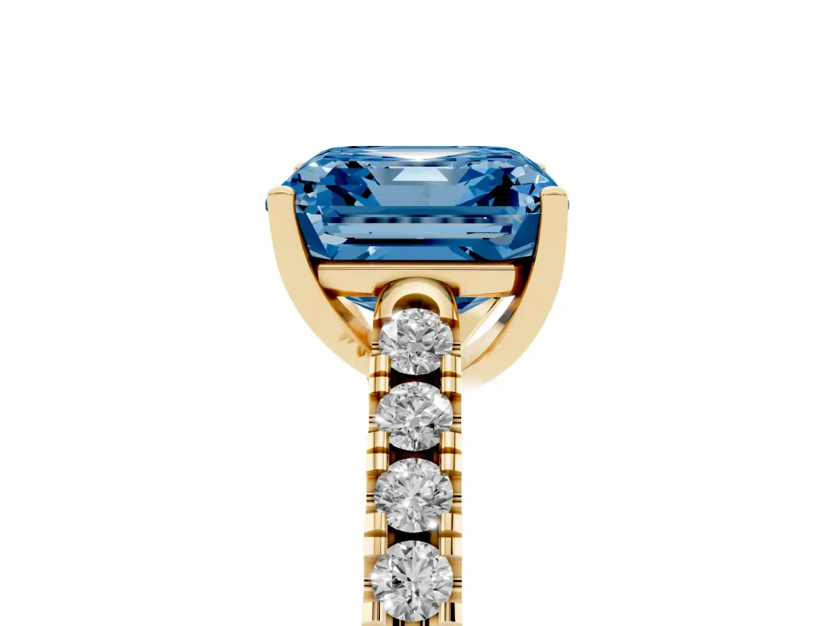 Fancy Blue Asscher Cut Diamond Pavé Band Solitaire Ring with Prong Setting Yellow gold