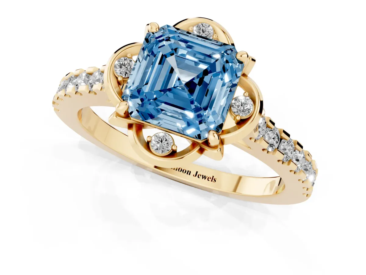 Fancy Blue Asscher Cut Diamond Ring with Pavé Band and Floral Prong Setting Yellow gold