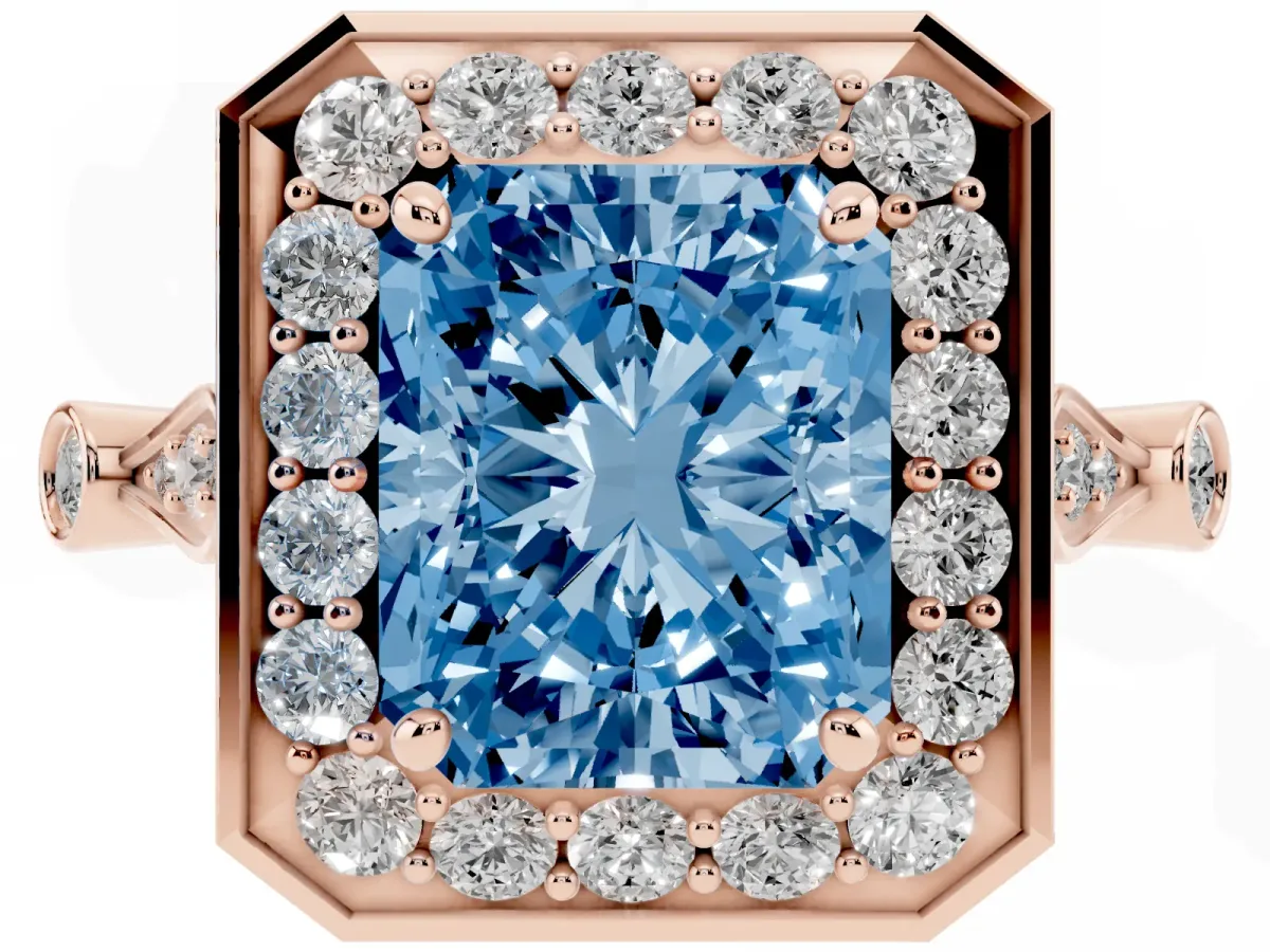 Fancy Blue Radiant Cut Halo Diamond Engagement Ring with Twisted Band and Four-Prong Setting Rose gold
