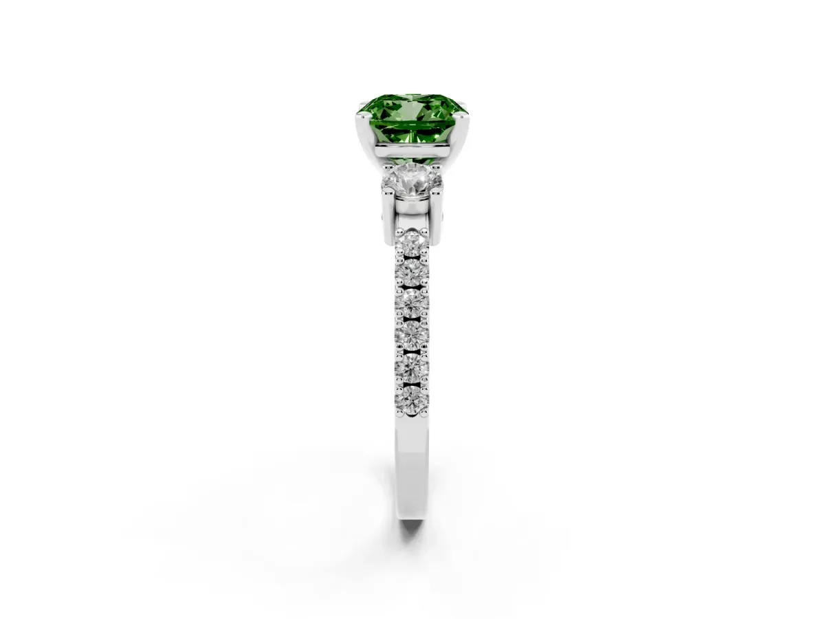 Fancy Green Cushion Cut Three-Stone Diamond Pavé Band with Prong Setting Silver