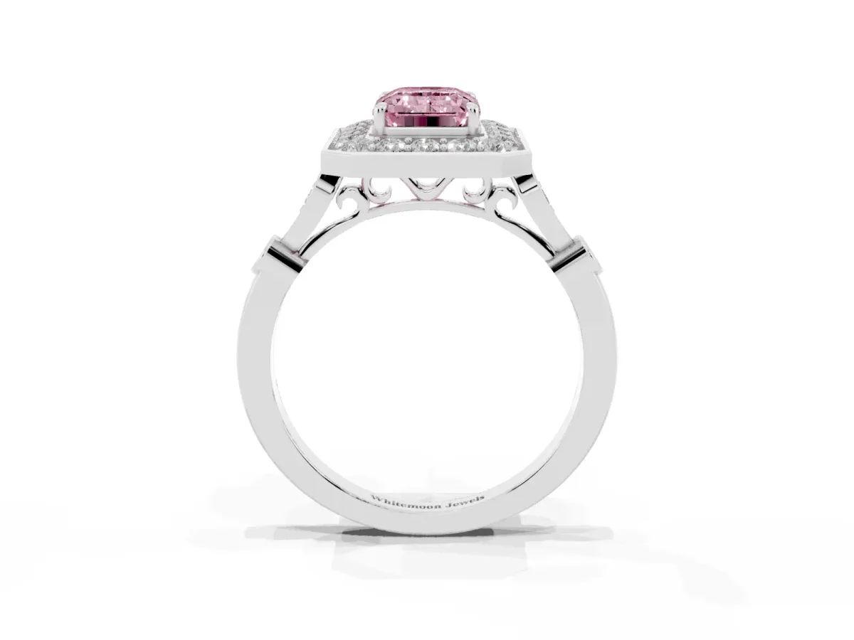 Fancy Pink Emerald Cut Halo Diamond Engagement Ring with Twisted Band and Four-Prong Setting Platinum
