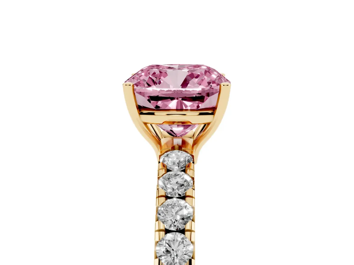 Fancy Pink Cushion Cut Diamond Pavé Solitaire Engagement Ring with Four-Prong Setting Yellow gold