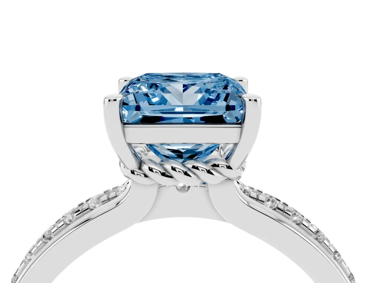 Fancy Blue Princess Cut Solitaire Diamond Ring with Channel Set Band and Six-Prong Setting Silver