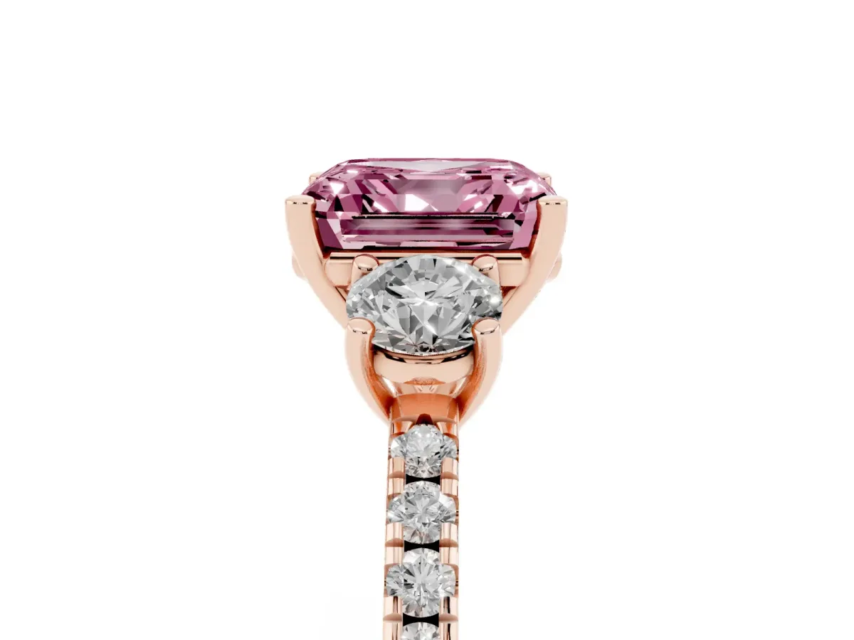 Fancy Pink Three-Stone Asscher Cut Cut Diamond Pavé Band with Prong Setting Rose gold