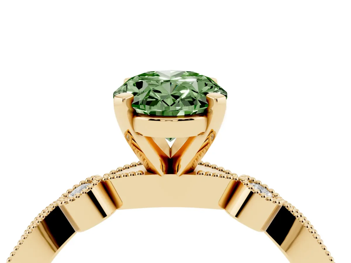 Fancy Green Oval Cut Milgrain Bezel Diamond Engagement Ring with Solitaire Prong Setting Yellow gold