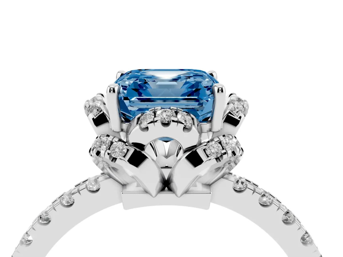 Fancy Blue Asscher Cut Diamond Halo Pave Band with Four-Prong Setting Silver