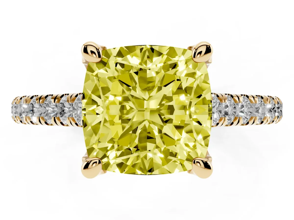 Fancy Yellow Cushion Cut Brilliant Diamond Solitaire with Pavé Band and Four-Prong Setting Yellow gold