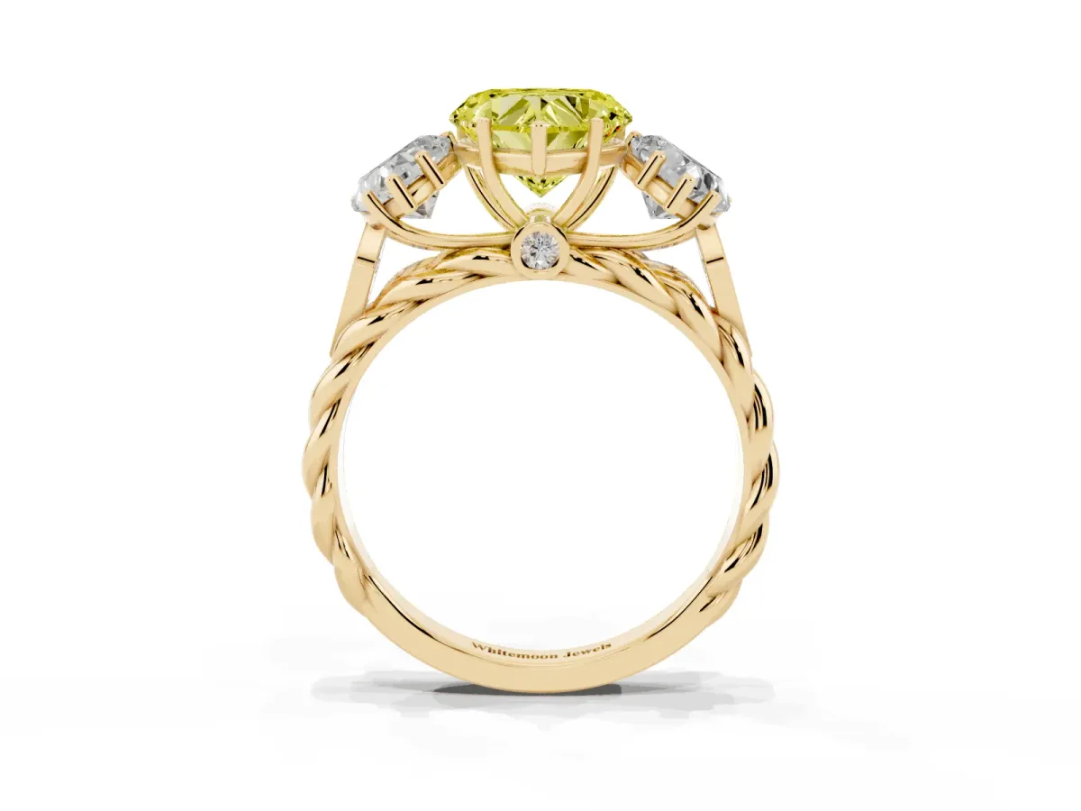Fancy Yellow Three-Stone Heart Cut Diamond Braided Band Ring with Four-Prong Setting Yellow gold