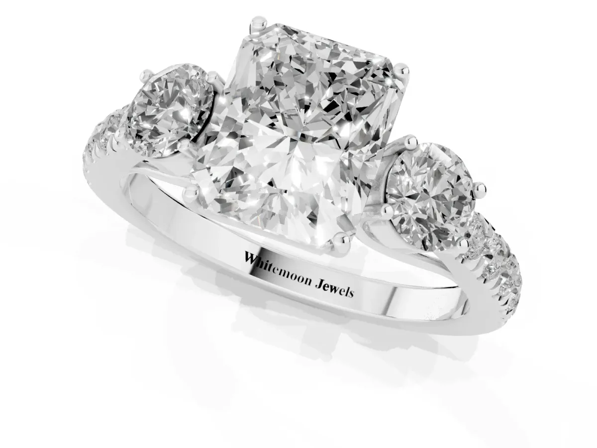 Radiant Cut Cut Diamond Three-Stone Ring with Round Side Stones and Pavé Band Silver