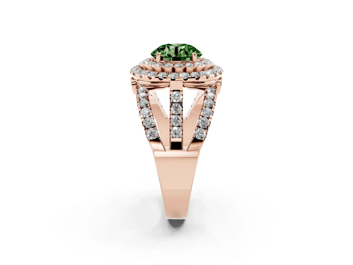Fancy Green Round Cut Diamond Double Halo Ring with Round Pavé Split Shank and Prong Setting Rose gold
