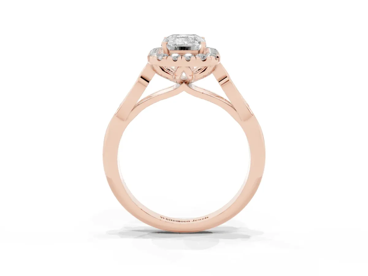 Emerald Cut Halo Diamond Engagement Ring with Filigree Band and Four-Prong Setting Rose gold