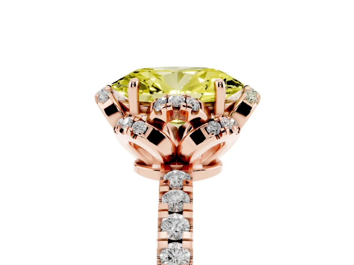 Fancy Yellow Oval Cut Diamond Halo Pave Band with Four-Prong Setting Rose gold