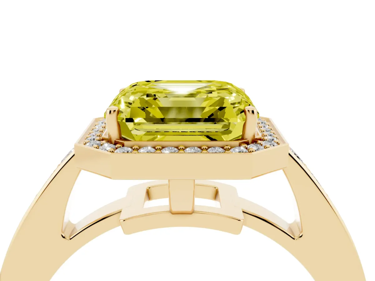 Fancy Yellow Asscher Cut Halo Pavé Diamond Engagement Ring with Bezel Setting Yellow gold
