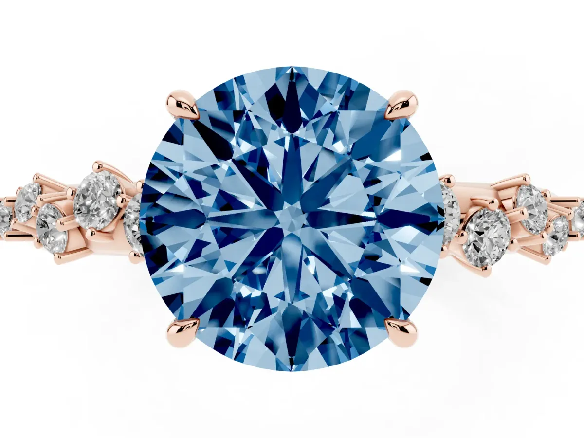 Fancy Blue Round Cut Diamond Cluster Side Stone Solitaire Ring with Prong Setting Rose gold
