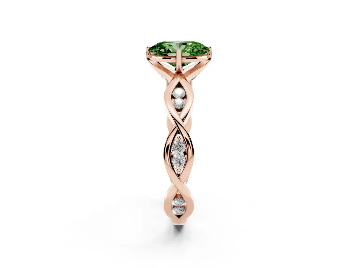 Fancy Green Oval Cut Solitaire Twist Band with Leaf Prong Setting Rose gold
