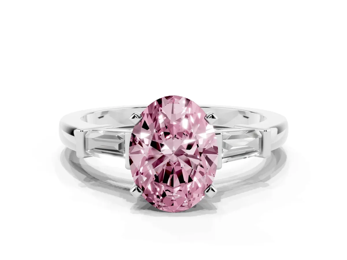 Fancy Pink Oval Cut Cut Diamond Solitaire Ring with Tapered Baguette Accents and Four-Prong Setting Platinum