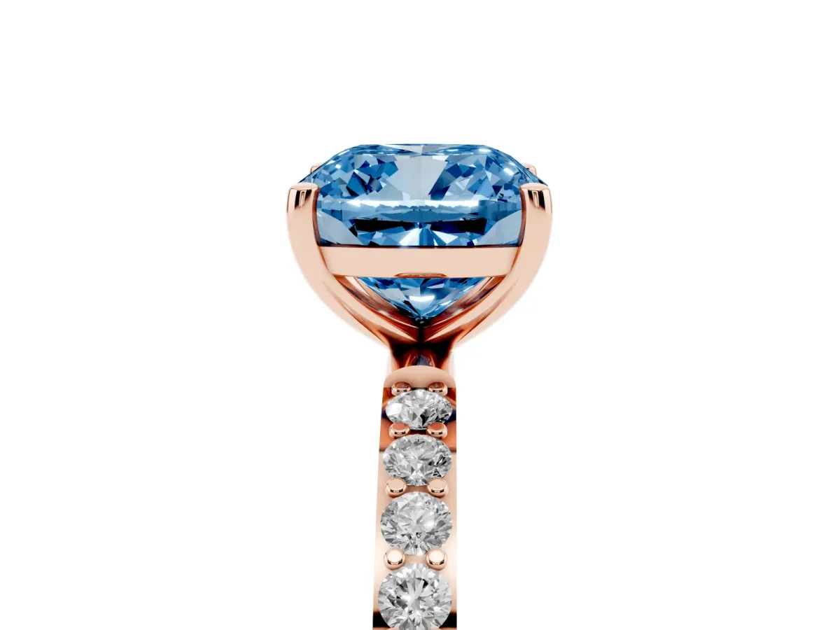 Fancy Blue Cushion Cut Diamond Solitaire Ring with Round Pavé Shoulders and Prong Setting Rose gold