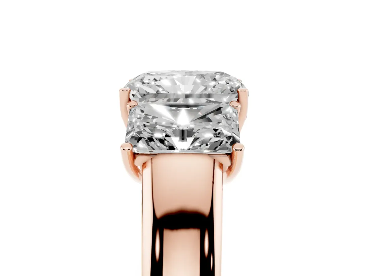 Three-Stone Radiant Cut Cut Diamond Ring with Prong Setting and Classic Band Rose gold