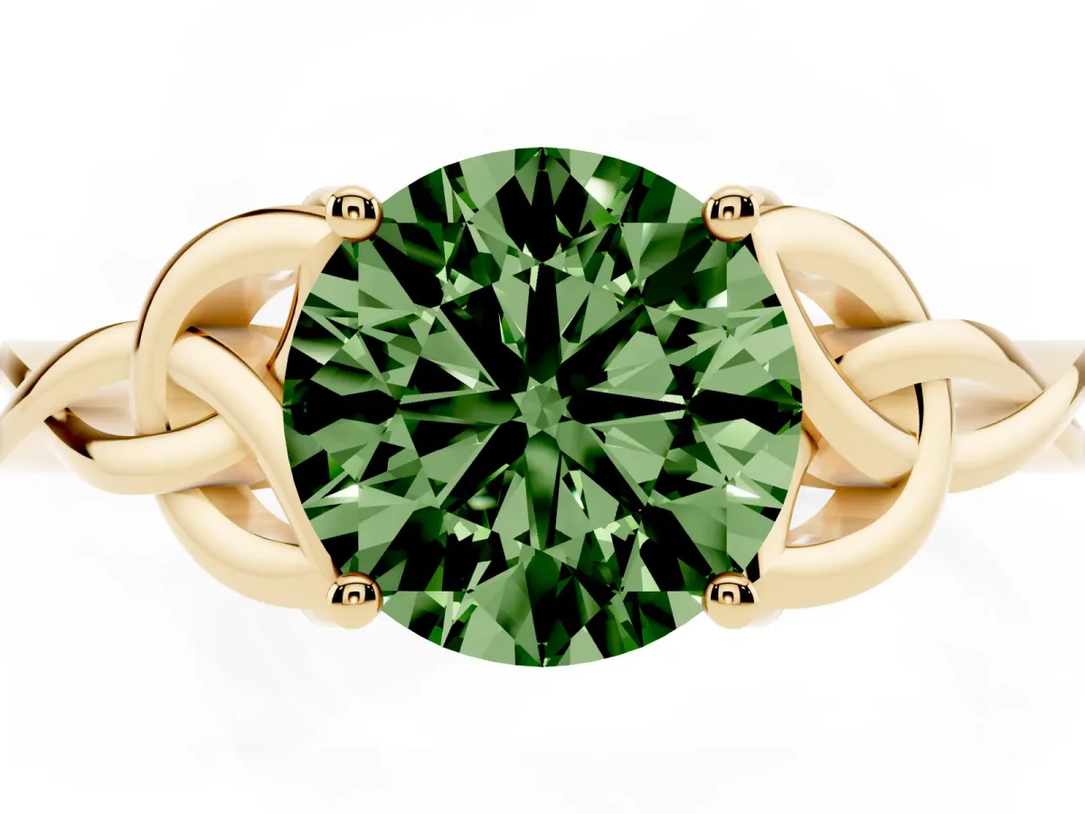 Fancy Green Round Cut Diamond Solitaire Engagement Ring with Celtic Knot Band and Four-Prong Setting Yellow gold