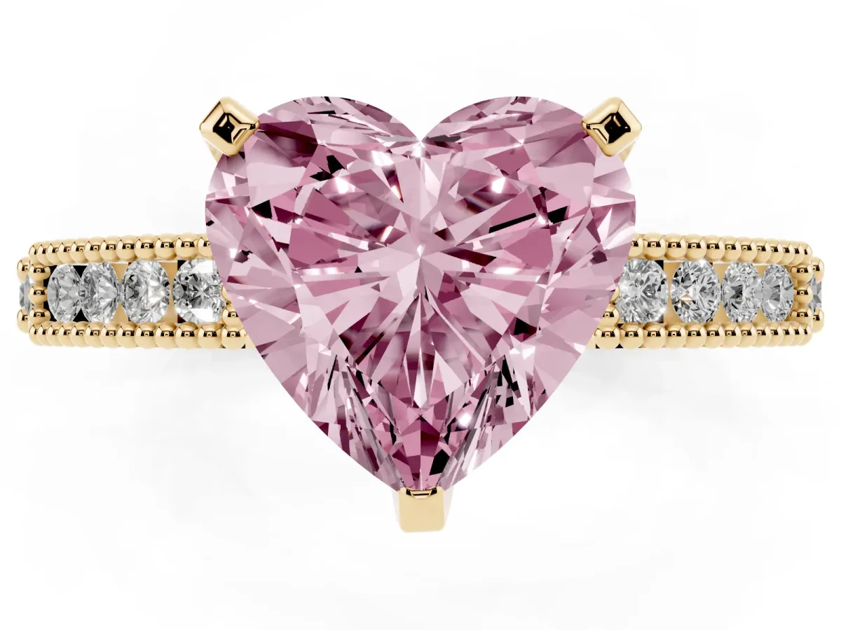 Fancy Pink Heart Cut Solitaire with Pavé Band and Four-Prong Setting Yellow gold