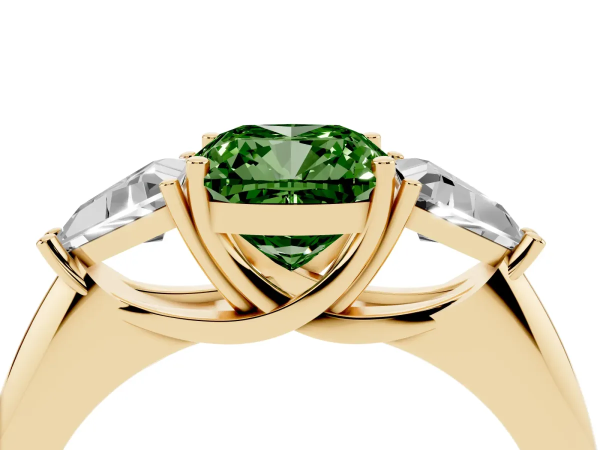 Fancy Green Three-Stone Cushion Cut Diamond Engagement Ring with Trillion Side Stones and Prong Setting Yellow gold