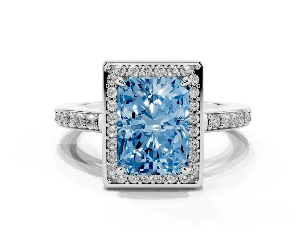 Fancy Blue Radiant Cut Halo Pave Band Solitaire Ring with Prong Setting Silver