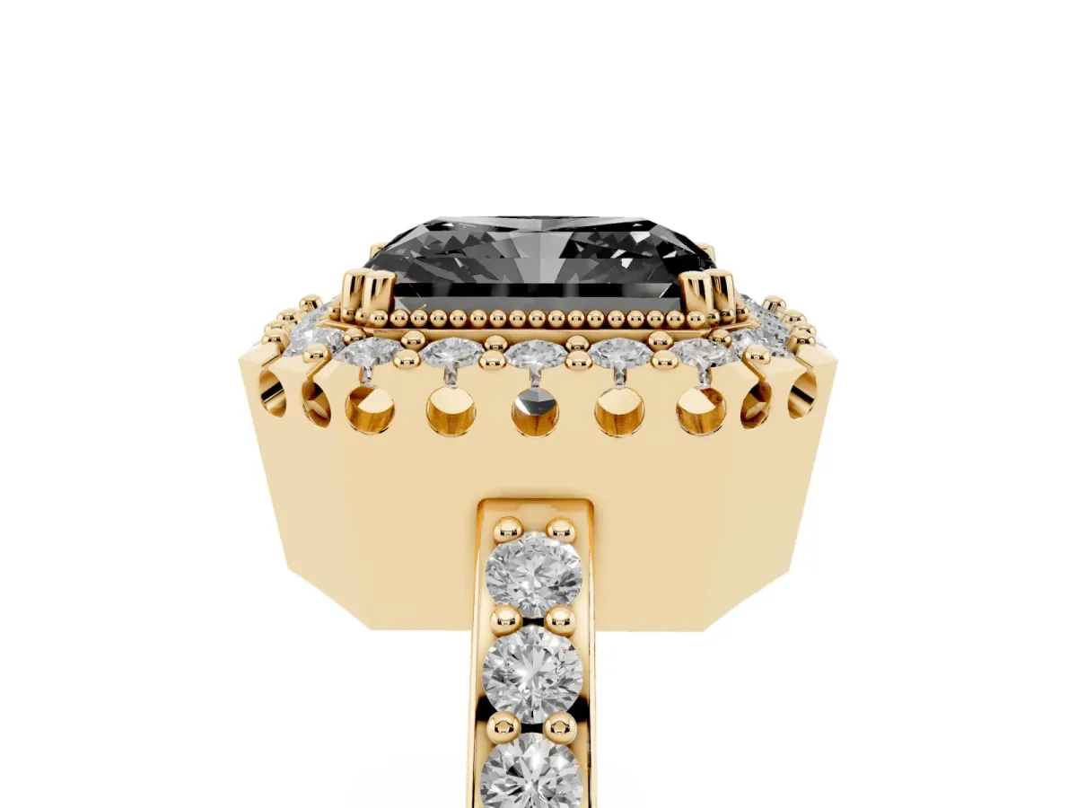 Fancy Black Radiant Cut Diamond Halo Ring with Pavé Band and Prong Setting Yellow gold